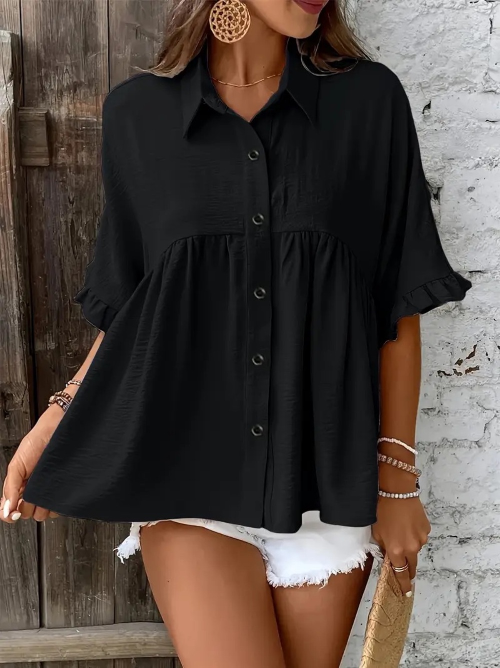 Black Button-Front Babydoll Blouse - Women